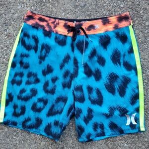 Hurley Teal and Black Leopard-Print Swim Board Shorts with Orange Waistband